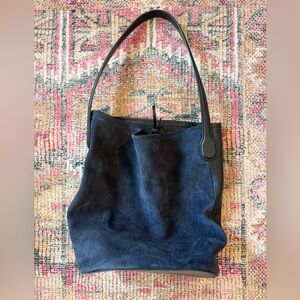 J.Crew Navy Suede and Black Leather Berkeley Bucket Bag